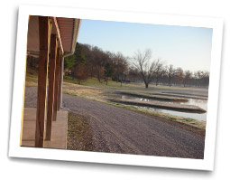 front of bunkhouse, road, ponds